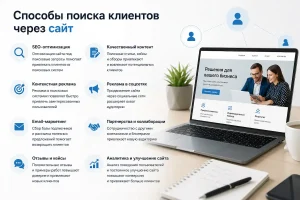 Инфографика «Способы поиска клиентов через сайт»: SEO-оптимизация, качественный контент, контекстная реклама, продвижение в соцсетях, email-маркетинг, партнерства, отзывы и кейсы, аналитика сайта