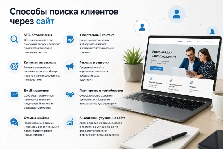 Инфографика «Способы поиска клиентов через сайт»: SEO-оптимизация, качественный контент, контекстная реклама, продвижение в соцсетях, email-маркетинг, партнерства, отзывы и кейсы, аналитика сайта
