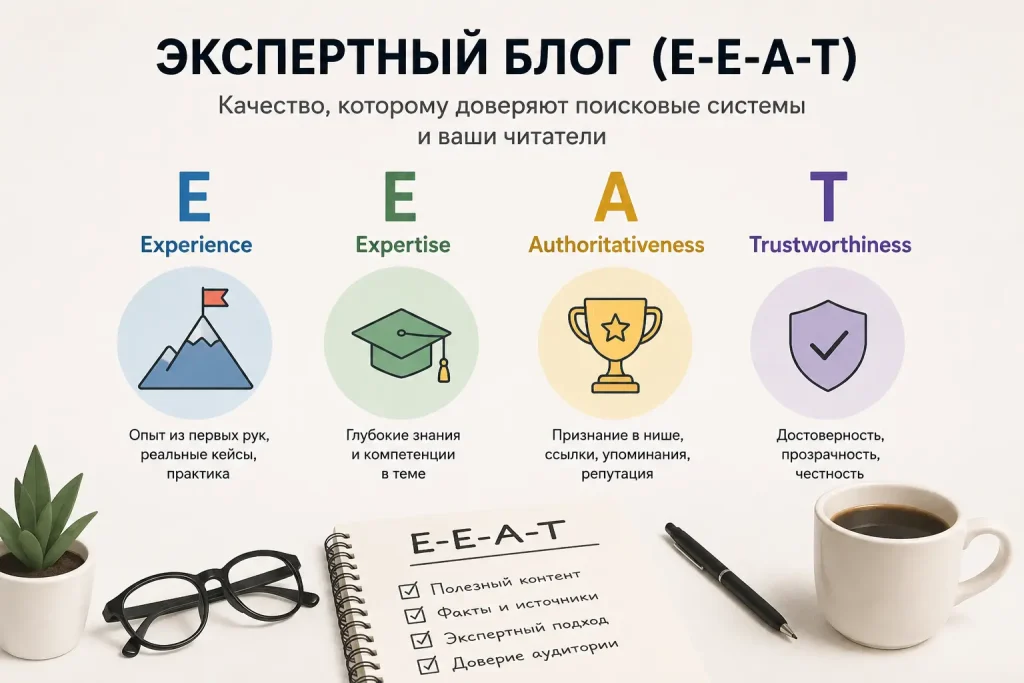 Инфографика. Экспертный блог (E-E-A-T): Превращение статей в инструмент прогрева в SEO.