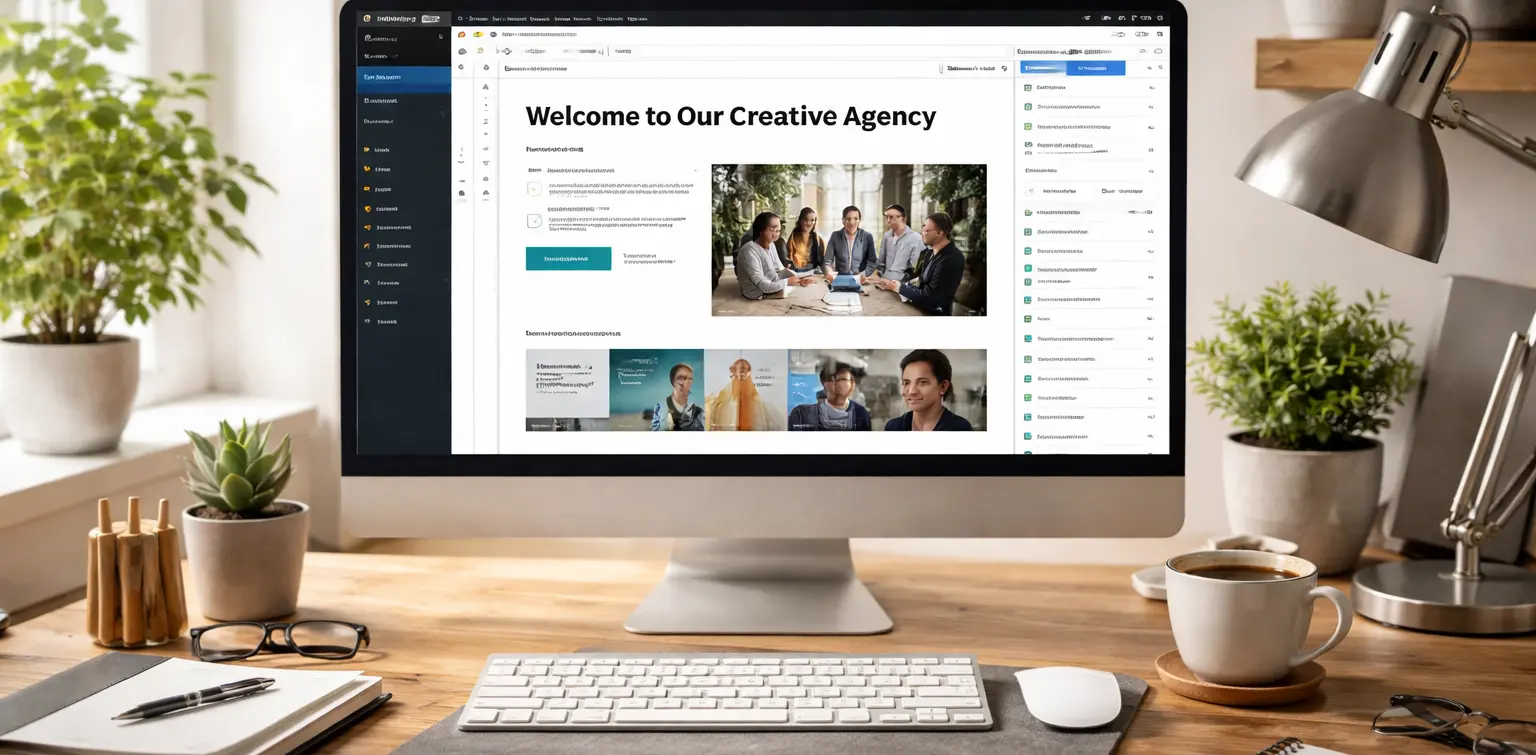 Монитор на столе где делается сайт в CMS WordPress.