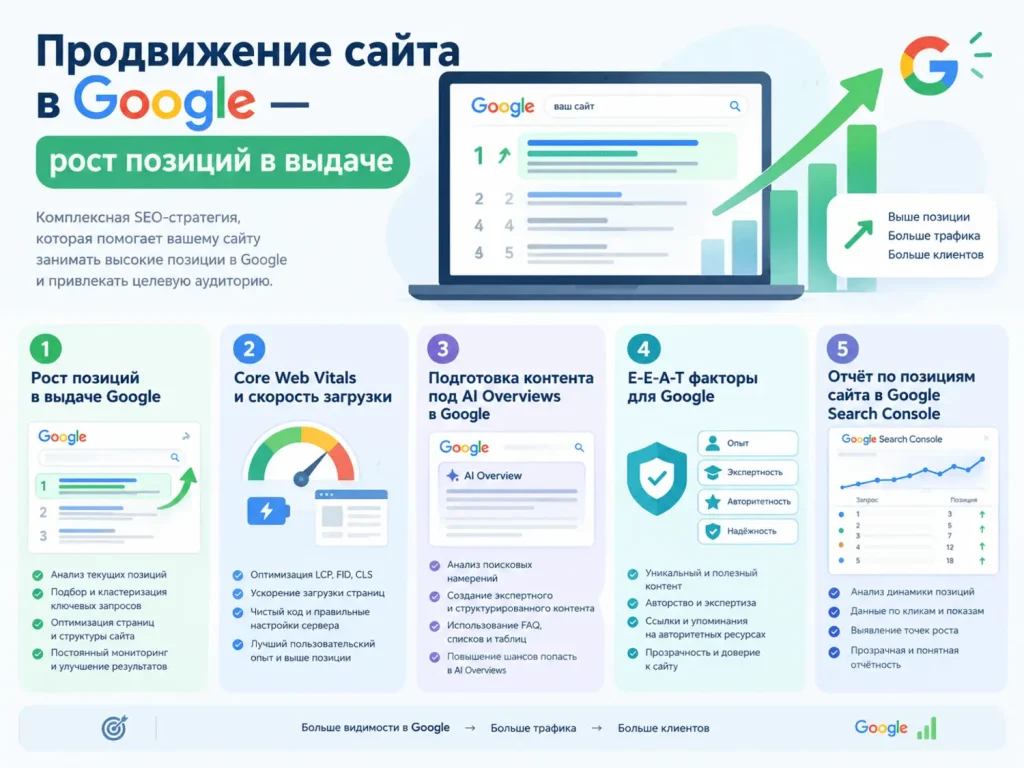 Продвижение сайта в Google — рост позиций в выдаче.