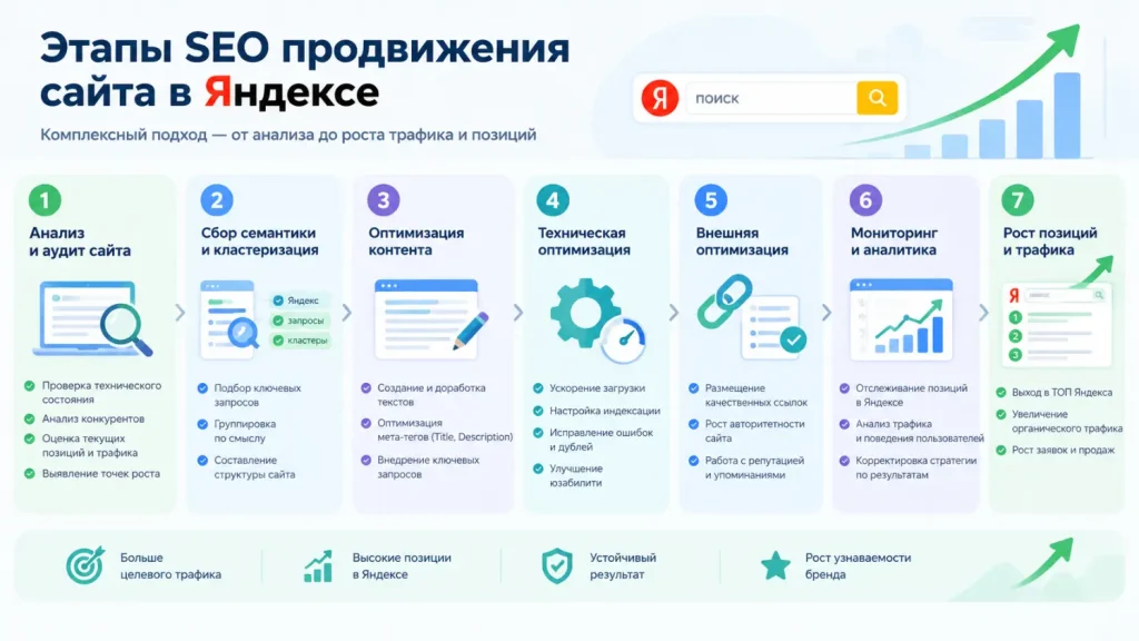 этапы SEO продвижения сайта в Яндексе.