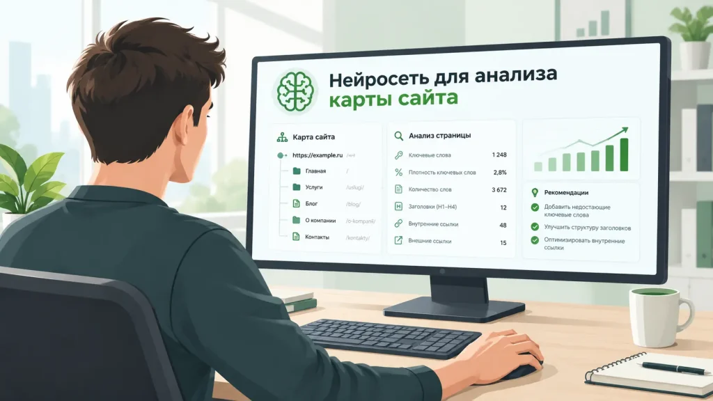 AI SEO специалист использует нейросеть для анализа карты сайта.