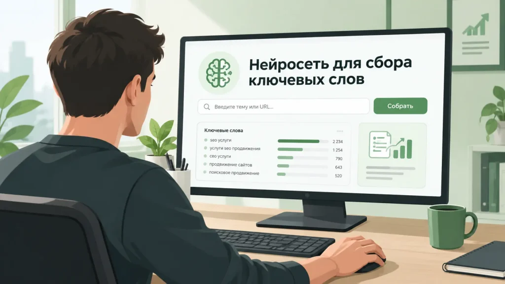 AI SEO специалист работает с нейросетью для сбора ключевых слов.