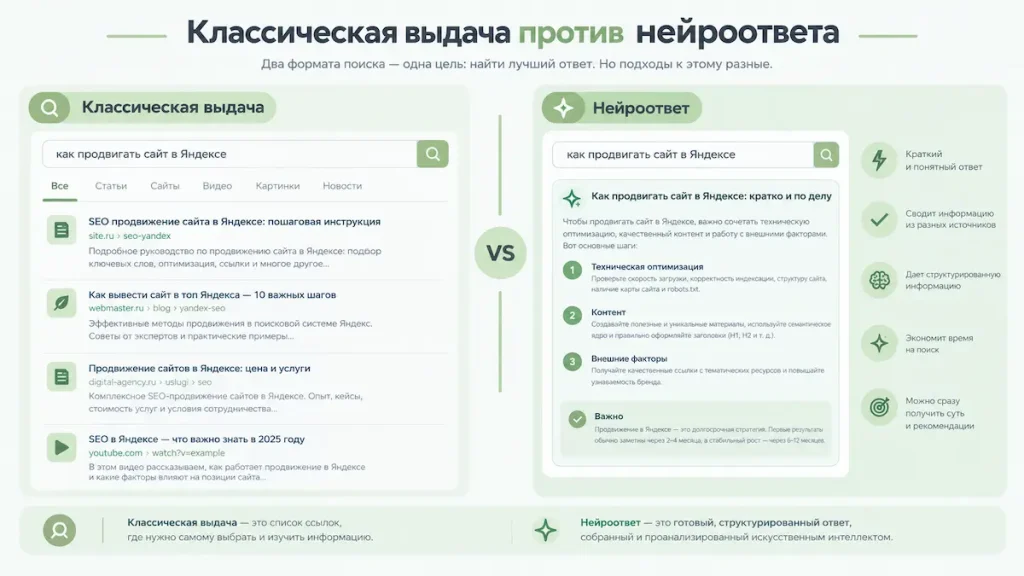 Сравнение классической поисковой выдачи и блока нейроответа.